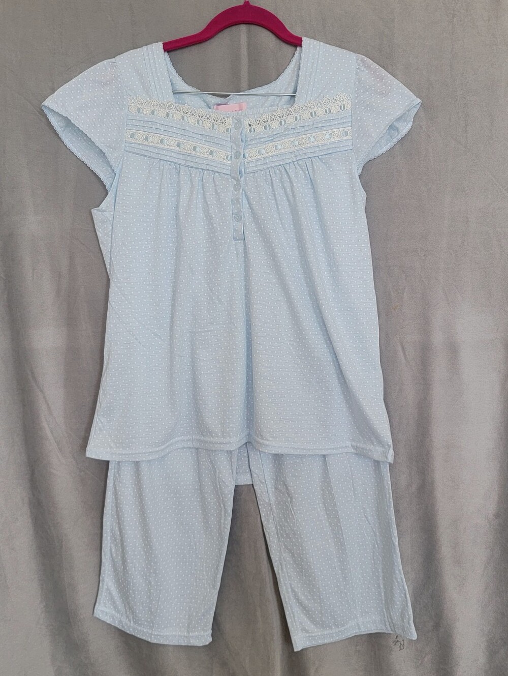 Girls Light Blue Dot Cap-Sleeve Pajama Set with Lace Trim, Size M, 12-14 Y